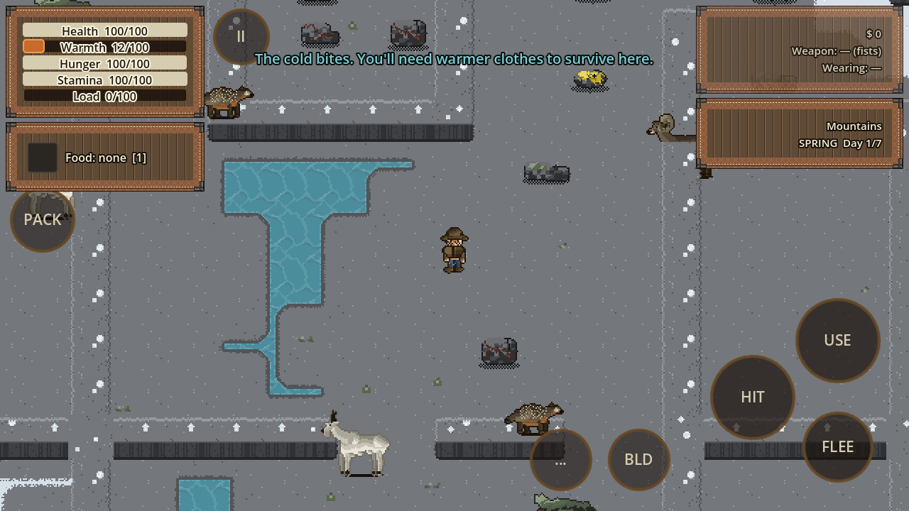 The player in a cold mountain biome with the temperature warning showing