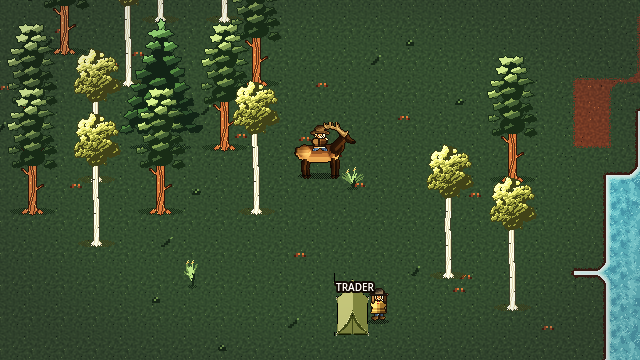 A rider on an elk in dense forest with a trader's tent nearby