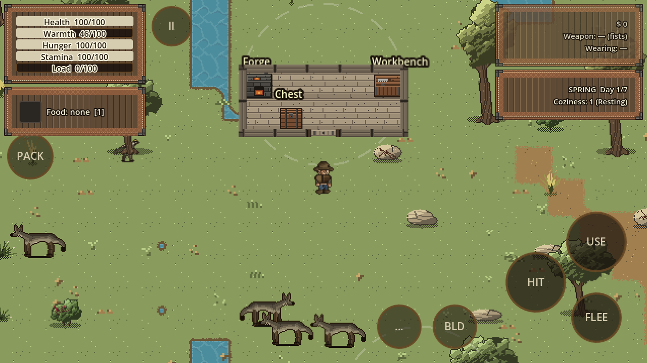A built-out Drywater homestead with walls, workbenches, and a forge