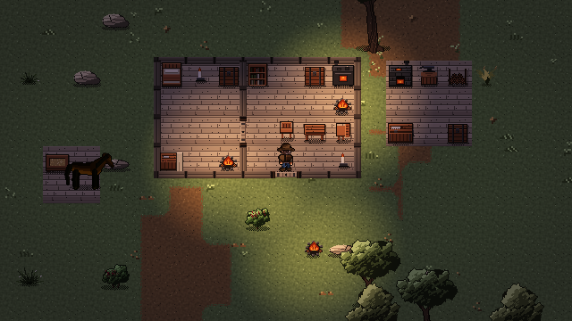The homestead at night, lit only by the campfire
