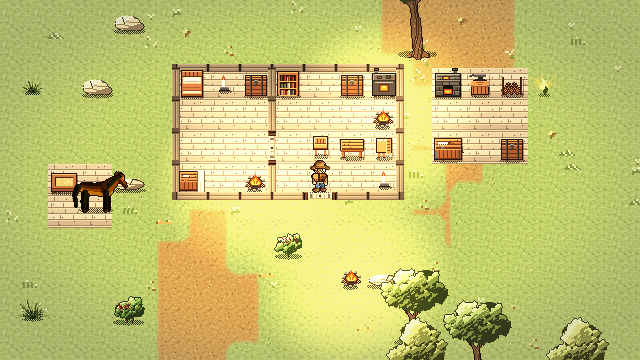 A small homestead of two cabins with a campfire and a tamed horse