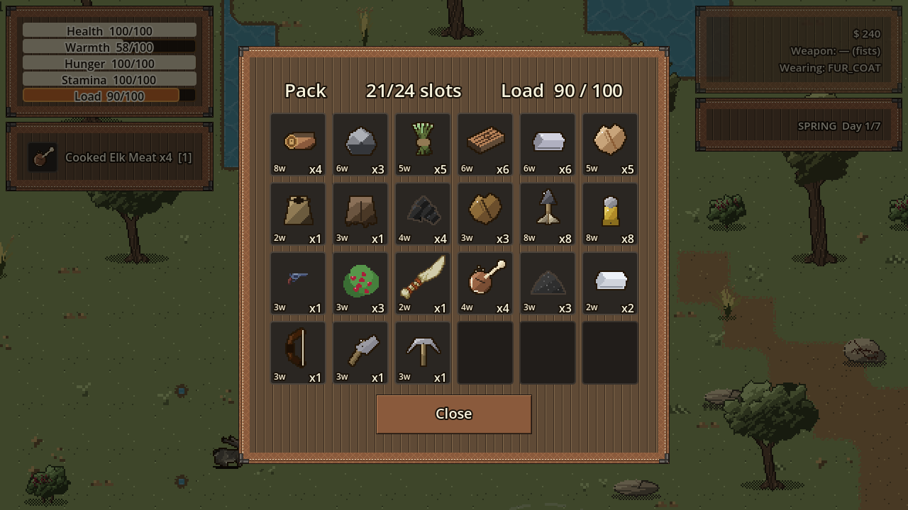 The Drywater inventory and pack screen showing gathered resources