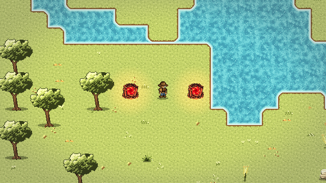 The player standing between two glowing red portals beside a lake