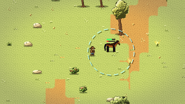 The player approaching a wild horse inside its dashed taming ring