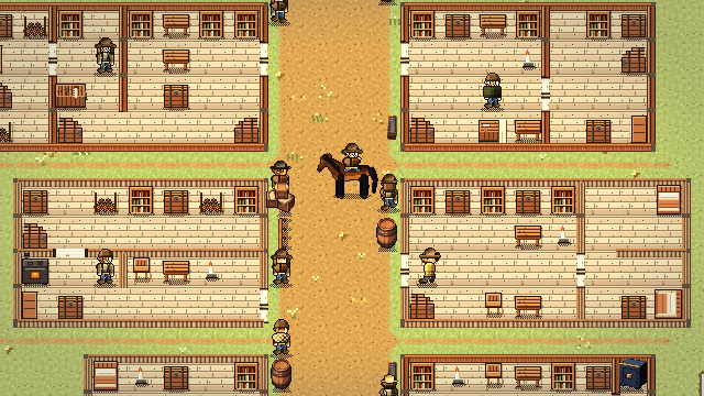 A rider on horseback in the dirt main street of a frontier town, surrounded by townsfolk and shopfronts