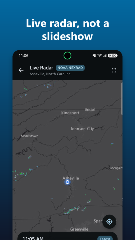 Live NOAA NEXRAD radar map centered on Asheville, North Carolina