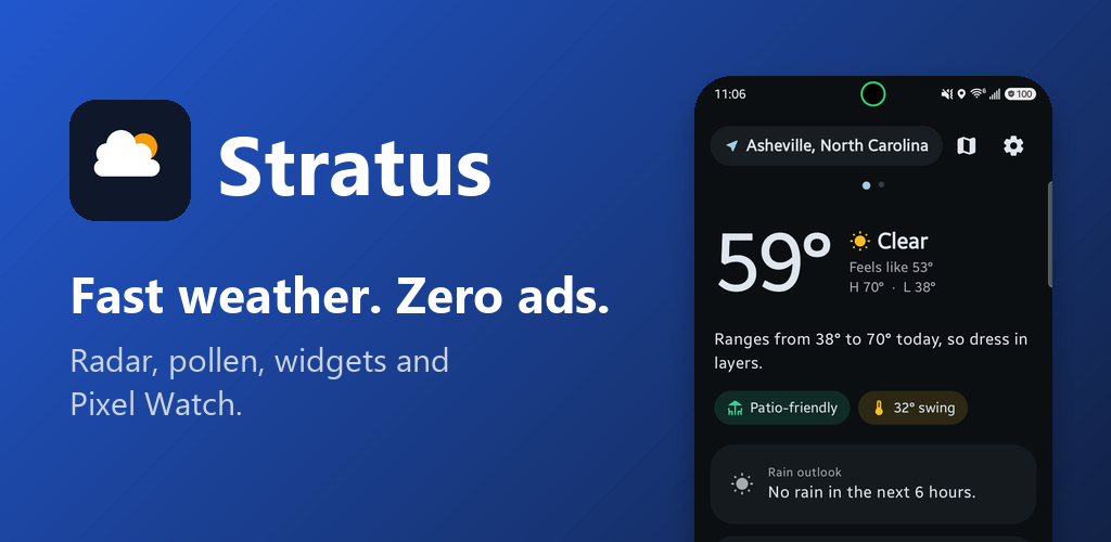 Stratus: fast weather, zero ads. Radar, pollen, widgets and Pixel Watch, shown beside the app's home screen