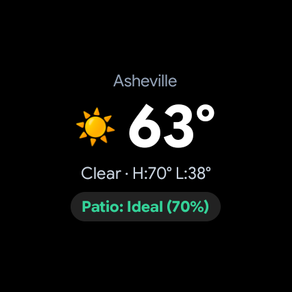 Pixel Watch tile showing 63 degrees and clear, with the patio index