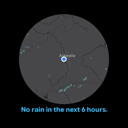 Pixel Watch tile showing a radar map and no rain in the next six hours