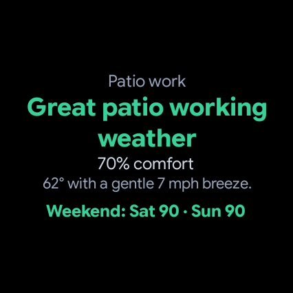 Pixel Watch tile showing great patio working weather and weekend scores